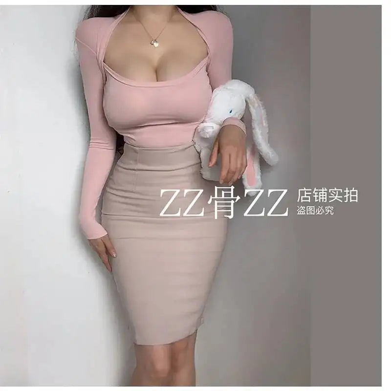 WOMENGAGA Mid Length Skirt For Elegance Apricot Slim Mini Dress Sweet Sexy Korean Women 2023 Skirts High Waist Fashion HGR0
