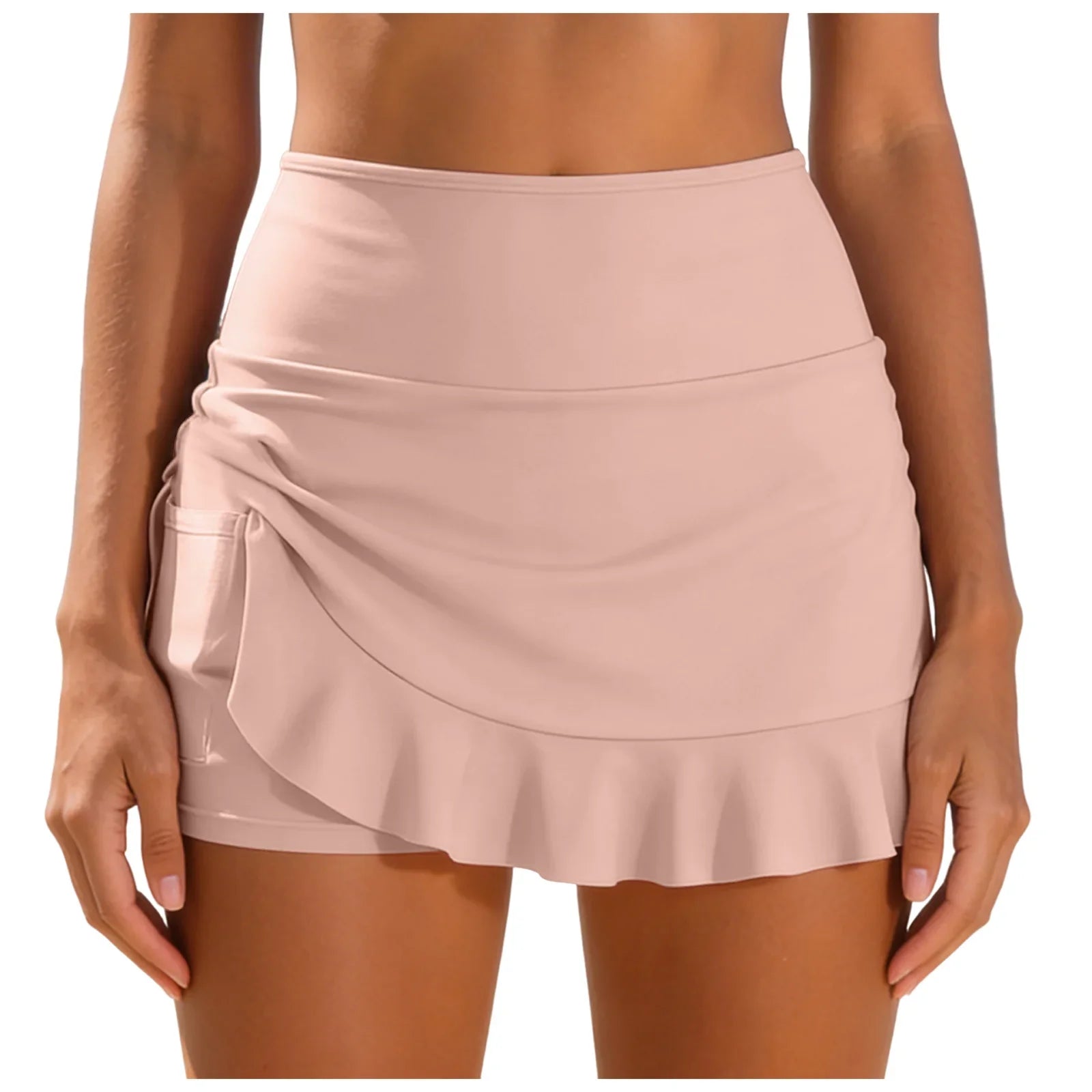 Women High Waist Swim Skirt Shorts With Ruffle Hem Side Pocket Solid Color Bikini Bottom Ladies Beachwear Summer Swimming Bottom