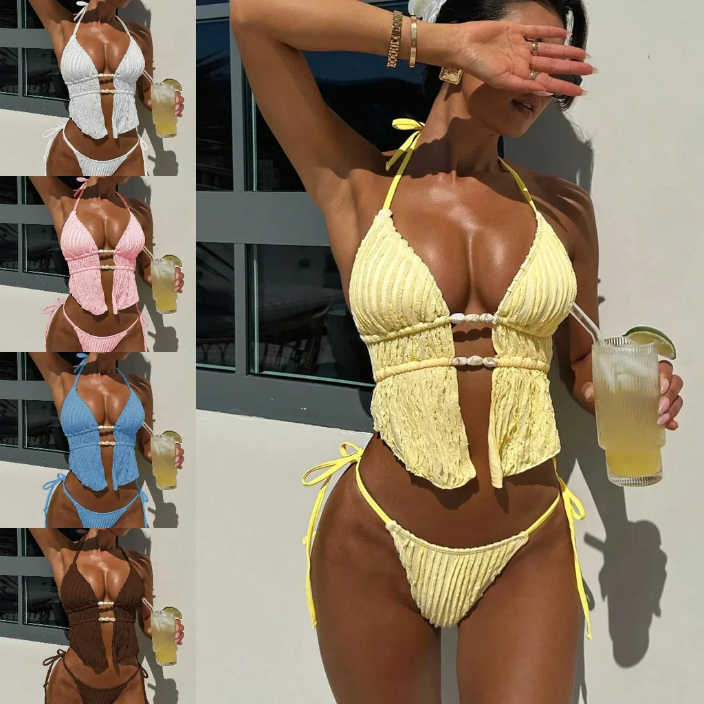 Sexy Triangle Bikini Women Summer Hollow Out Bandage Cross Crop Top Tie Side Thong Swimsuit Bathing Suit Holiday Swimwear