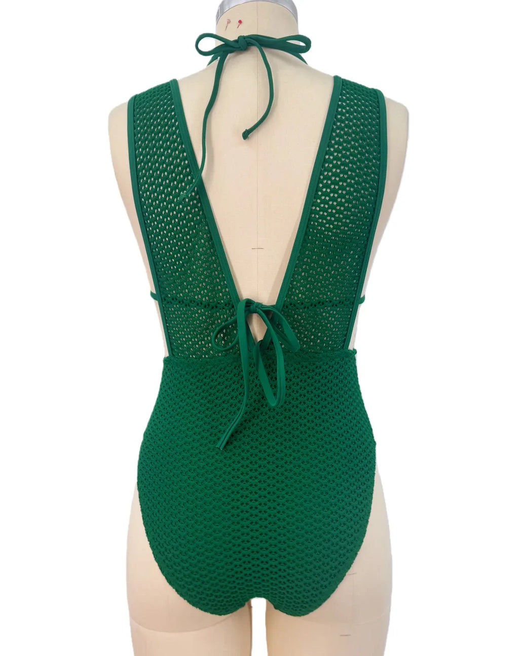 S - XL Deep V Neck Knit Fishnet Mesh One Piece Swimsuit Women Swimwear Female Backless Monokini High Leg Cut Bathing Suit Swim