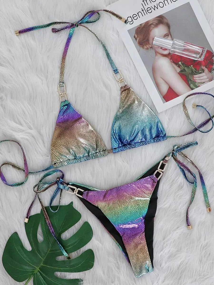 2025 Shiny Halter Rhinestone Diamond Bikini Female Swimsuit Women Swimwear Two-pieces Bikini Set Micro Strappy Bathing Suit Swim