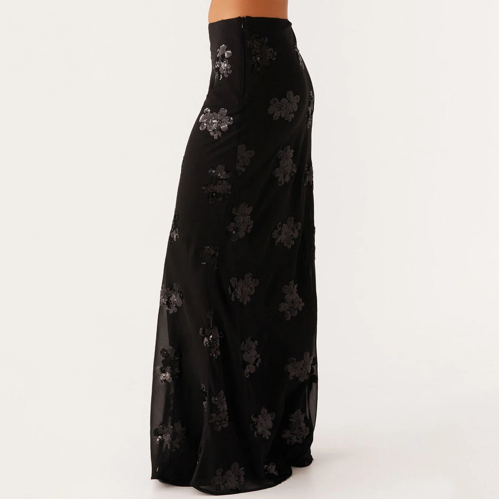 Elegant Sequin Long Skirts for Women Vintage Y2K Stylish Sequined Flowers Slim Fit Low Rise Maxi Skirt for Party Clubwear