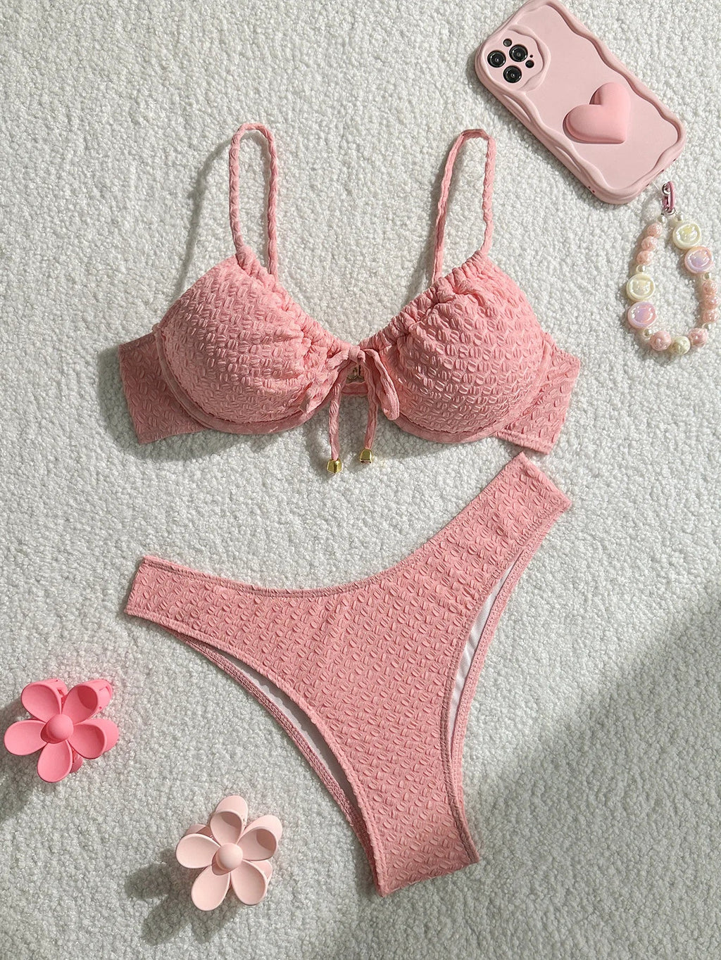 Sexy Pink Bikini Set 2026 Women Front Tie Push Up Underwire Bra Thong Swimsuit Summer Bathing Suit Holiday Two Piece Swimwear