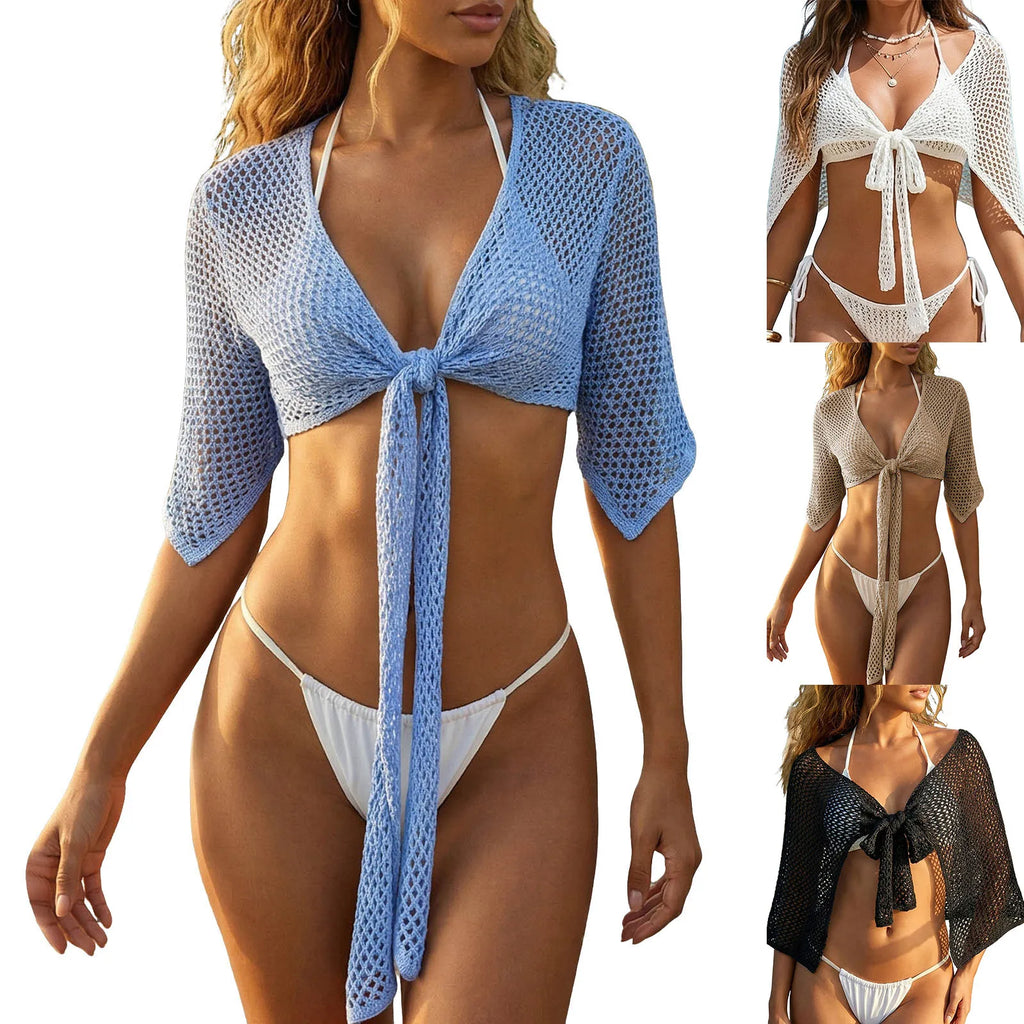 Women Crochet Knit Beach Cover Up Skirt Tie Side Holllow Out Mesh Mini Skirt Bow Knot Swimsuit Coverup Summer Vacation Beachwear