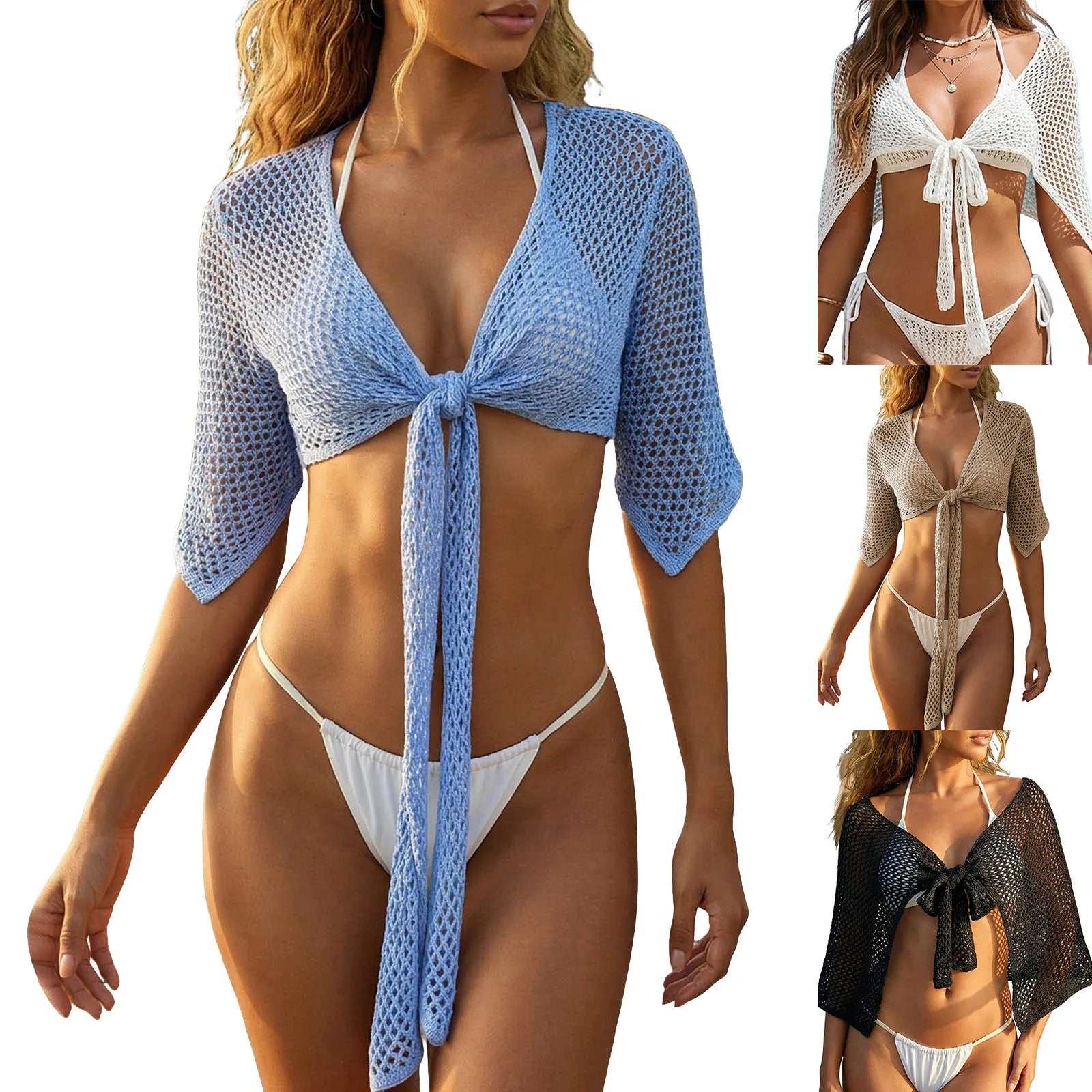 Women Crochet Knit Beach Cover Up Skirt Tie Side Holllow Out Mesh Mini Skirt Bow Knot Swimsuit Coverup Summer Vacation Beachwear