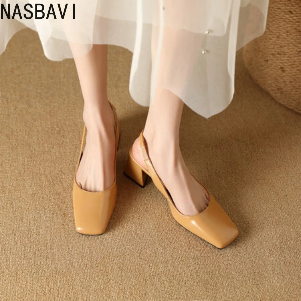 NASBAVI Slingback Sandals Summer Shoes Elegant Pink Black Nude Medium Heels Pumps Close Toe Office Party Shoe Female Large Size
