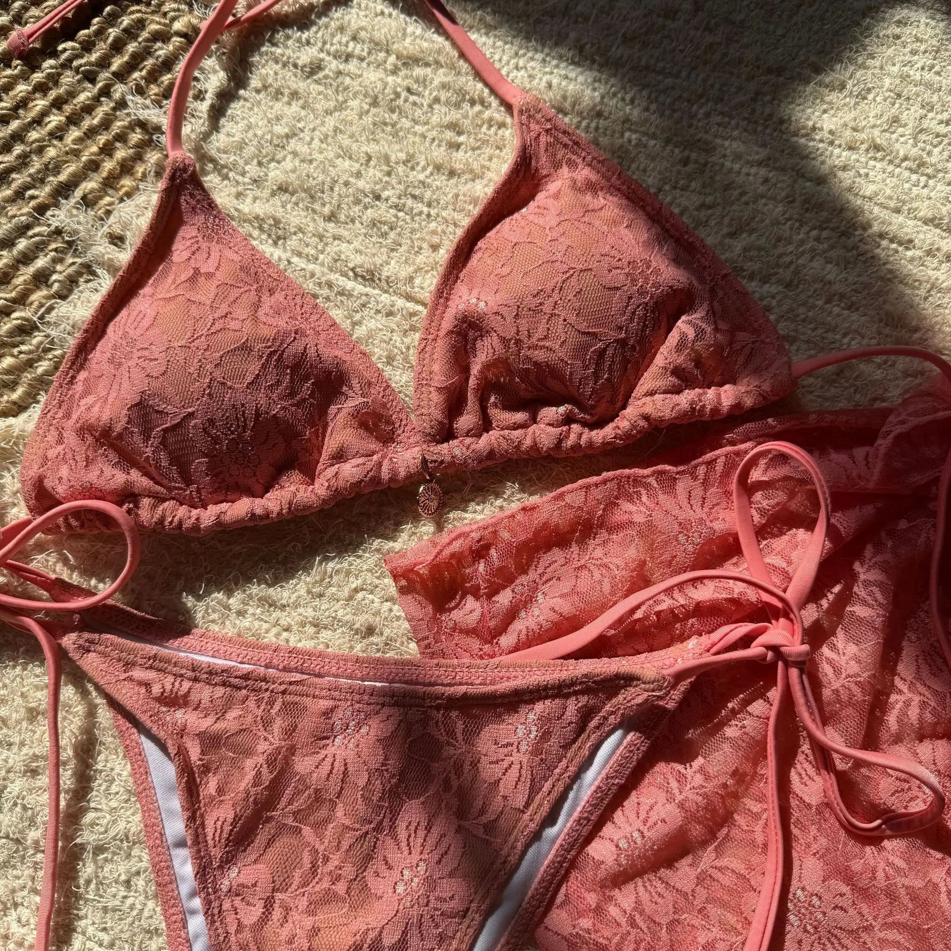 with Mesh Sarong Lace Halter High Cut Bikini Female Swimsuit Women Swimwear Three-pieces Bikini Set Bathing Suit Swim Beachwear