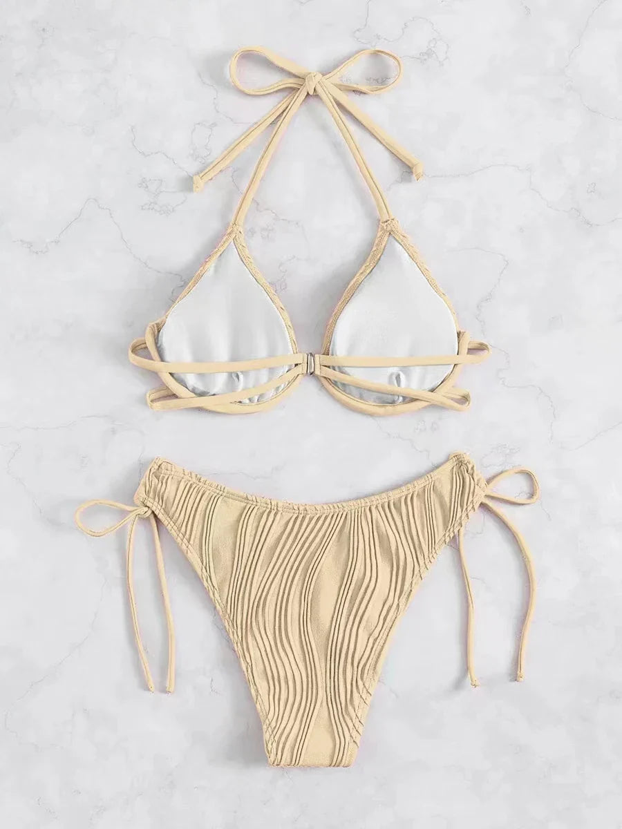 2026 Halter String Bikini Solid Push Up Swimsuit Women Sexy Swimwear Female Bathers Bathing Swimming Swim Suit Beachwear