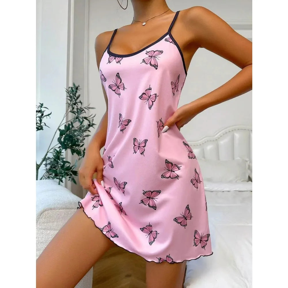 Women Butterfly Print Spaghetti Strap Nightgown Sleeveless Slim Fit Sleep Dress Soft Breathable Summer Home Loungewear