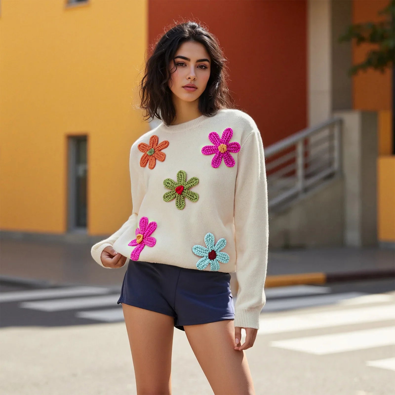 Women Knitted Flower Sweater Casual Crew Neck Long Sleeve Pullover Tops Cute Winter Fall Loose Knitwear