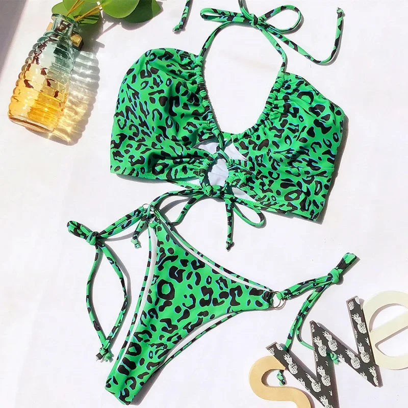 Sexy High Cut Leopard Bikini Women Thong Swimwear Female Swimsuit Two-pieces Bikini set Lace Up Bather Bathing Suit Swim Lady