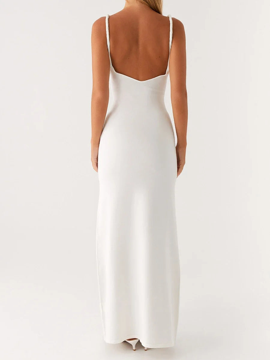 Women Sleeveless Summer Solid Color Twisted Straps Dresses V-Neck Backless Party Club Vacation Beach Long Dresses