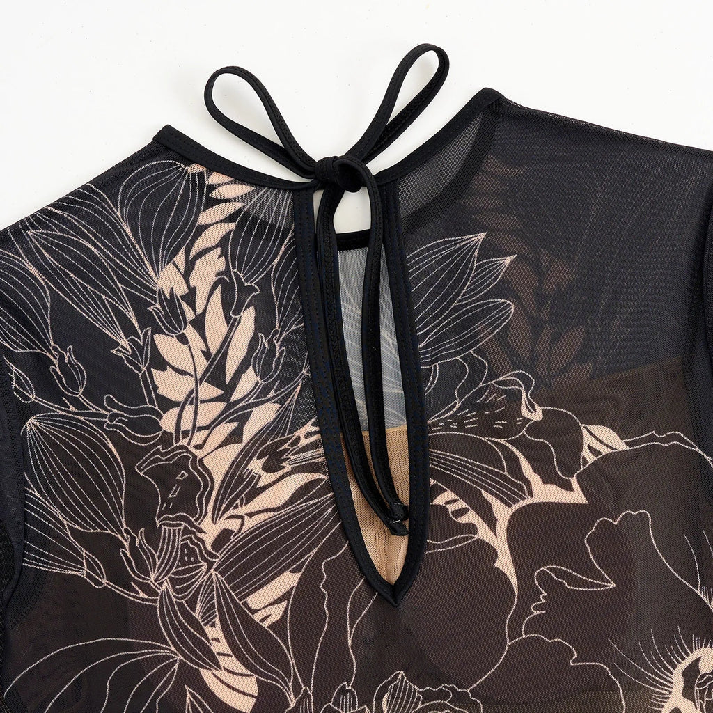 Vintage Black Floral Print One Piece Swimsuit Women Summer Long Sleeve Slim Fit Swimwear Skirt Set 2025 Holiday Bathing Suits
