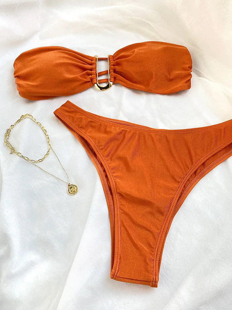 Women Bikini Sets Two Pieces Swimsuit Female Metal High Waist Sexy Bikini Bathing Suit Monokini Swimwear Women Biquini Bakini