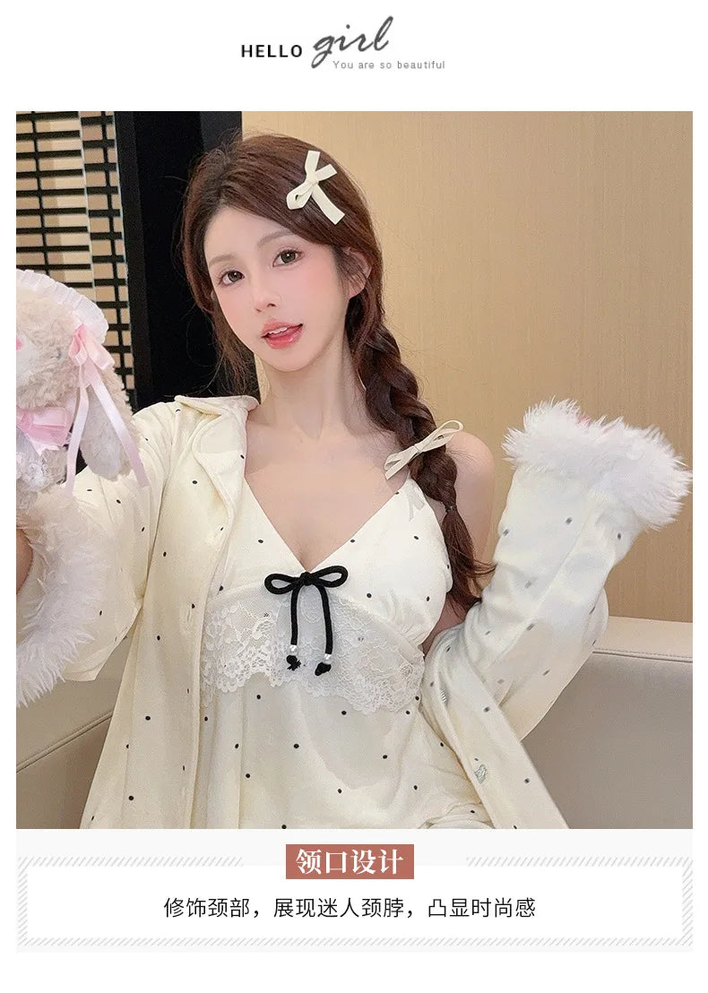 Fashionable Home Pajamas Three-piece Set Island Velvet Pajamas Spring and Autumn Suspenders Sexy Homewear Casual Suit