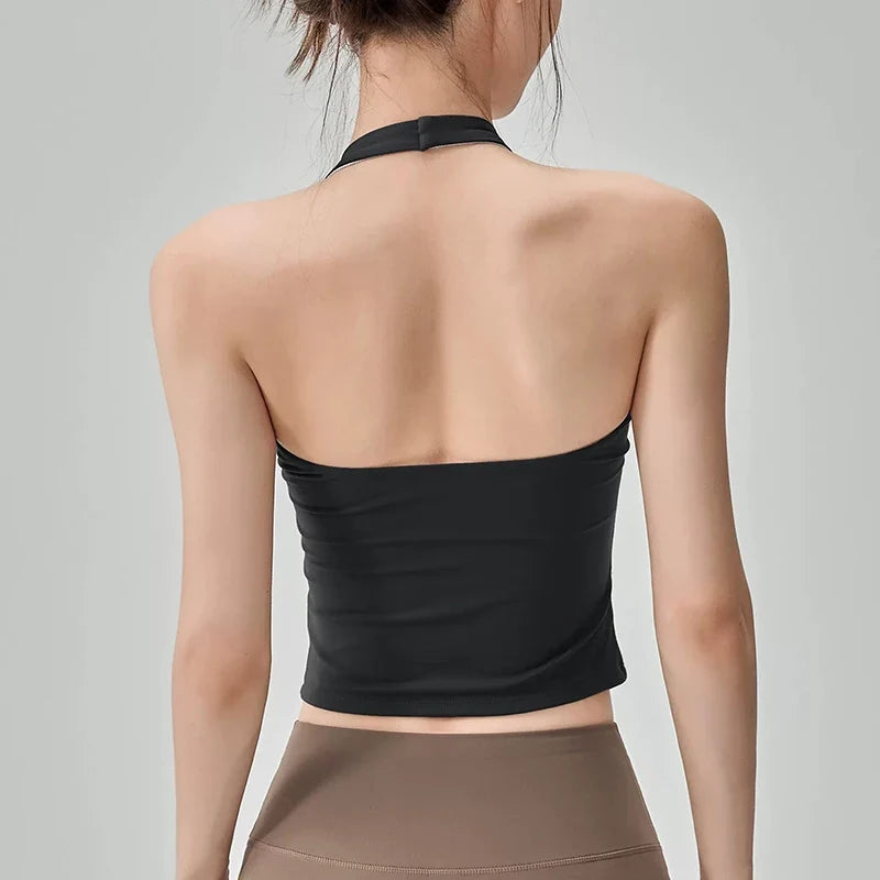 Sexy V-neck Cross Halter Neck Yoga Vest Sleeveless Sports Bra with Chest Pad Naked Sense Fitness Top with Beauty Back Design for