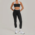2 Pieces Color-block Yoga Sets Women  Hanging Neck Sports Bra High Waist Pants Built-in Pockets Outdoor Fitness Workout Suit
