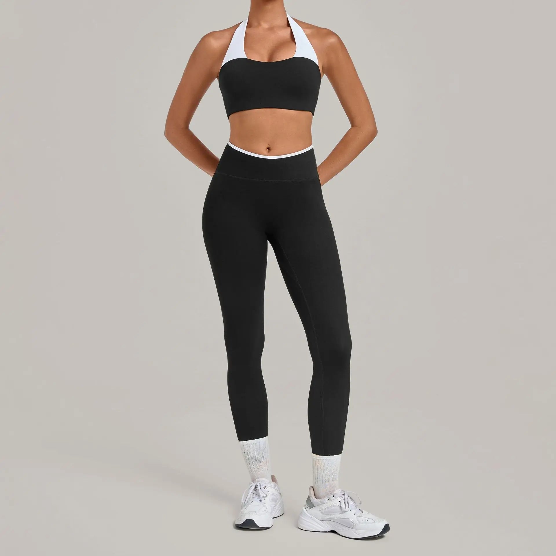 2 Pieces Color-block Yoga Sets Women  Hanging Neck Sports Bra High Waist Pants Built-in Pockets Outdoor Fitness Workout Suit