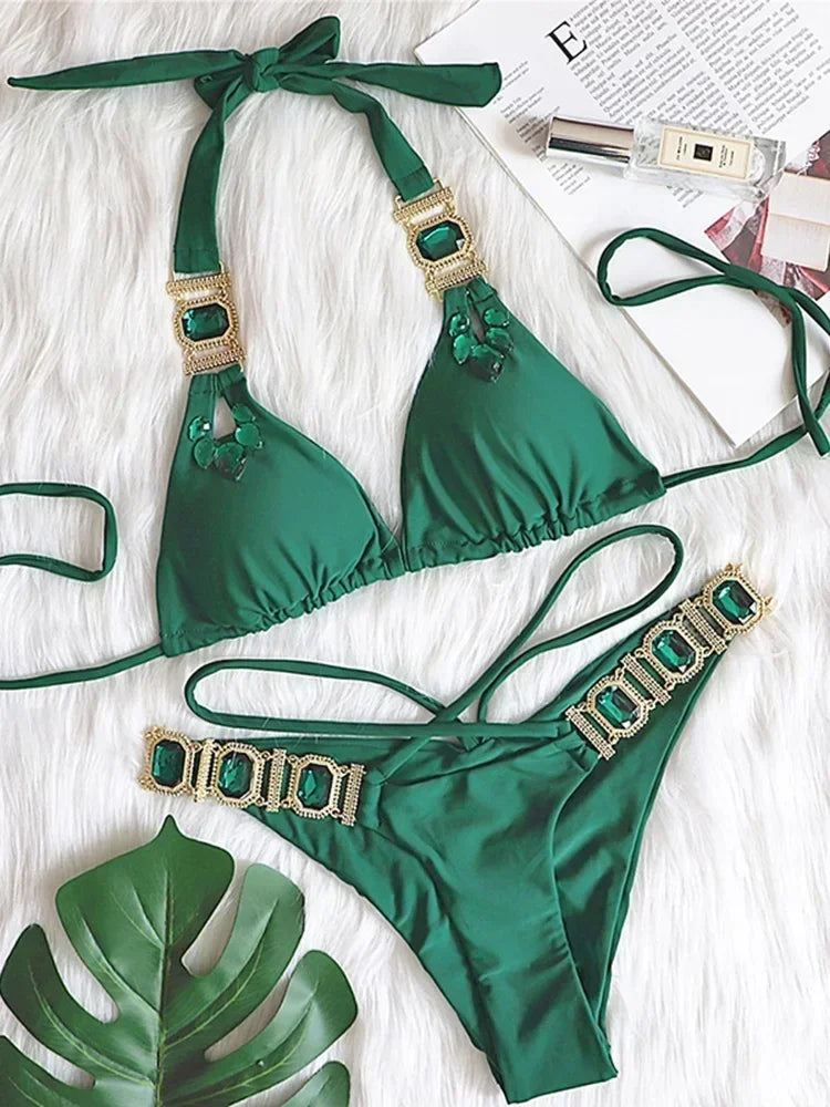 Halter Jewelled Diamond Bikini Women Swimsuit Female Triangle Swimwear Two piece Bikini set Brazilian Bather Bathing Suit Swim