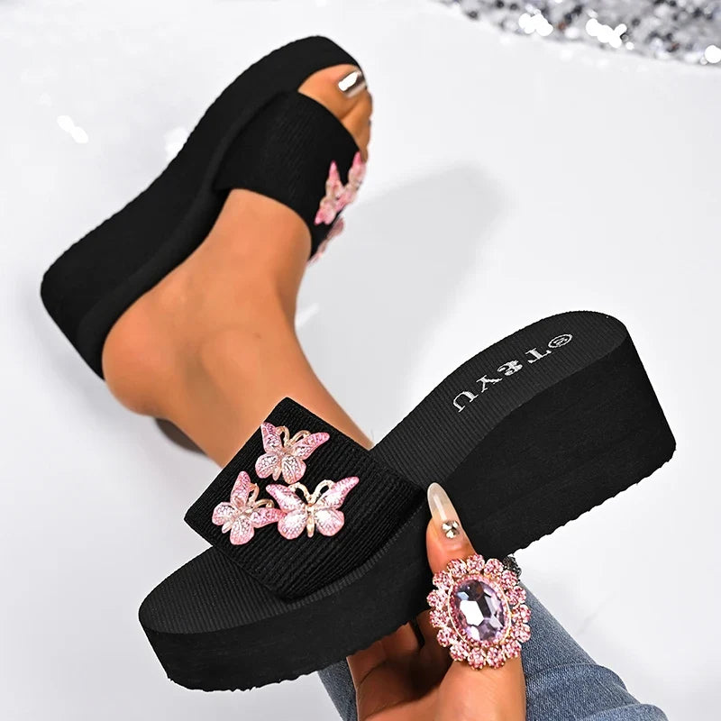 Pink Crystal Butterfly Platform Slippers Women 2026 Summer Slip On Wedge Sandals Woman Lightweight Thick Sole Casual Slides 42