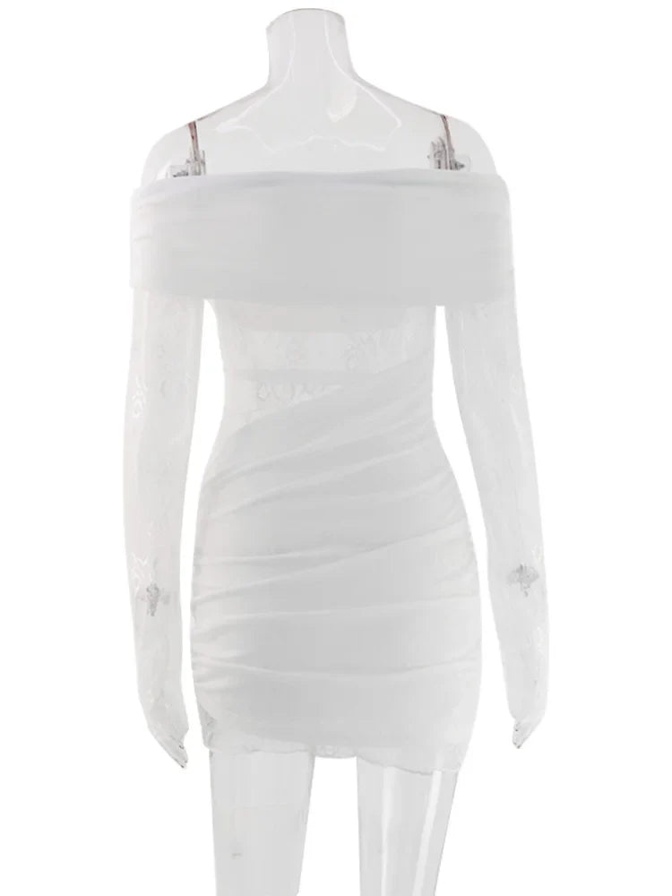 Ahagaga Eelgant Dresses For Women Slash Neck Lace Patchwork Sheath Fashion Slim Fit Trend Party Female Long Sleeves Summer Robes