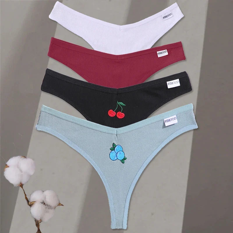 4Pcs/set Cotton Thongs Women Low-Rise Bikini Underwear M-XL Comfortable G-string Female Fruit Embroidery T-Back Panties Lingerie
