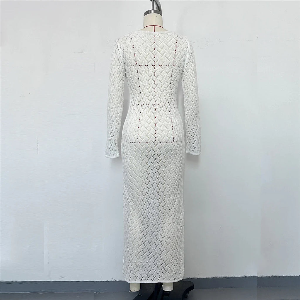 3 Colors Long Sleeve Cut Out Crochet Knitted Tunic Beach Cover Up Cover-ups Beach Dress Beach Wear Beachwear Female Women K6536