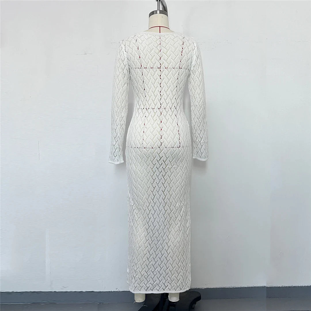3 Colors Long Sleeve Cut Out Crochet Knitted Tunic Beach Cover Up Cover-ups Beach Dress Beach Wear Beachwear Female Women K6536