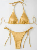 Wrap Around Halter Metallic Satin Bikini Women Swimwear Female Swimsuit Two-pieces Bikini Set Brazilian Bathing Suit Swim Lady
