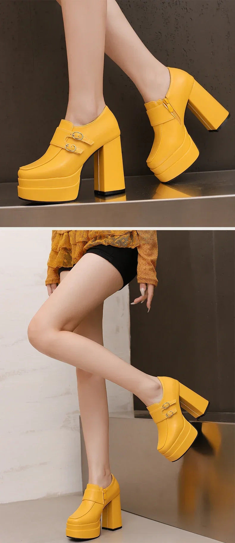 Plus Size Double Row Small Buckle Side Zipper Square Toe Double Layer Platform High Thick Heel Women's Pumps Shallow High Heels