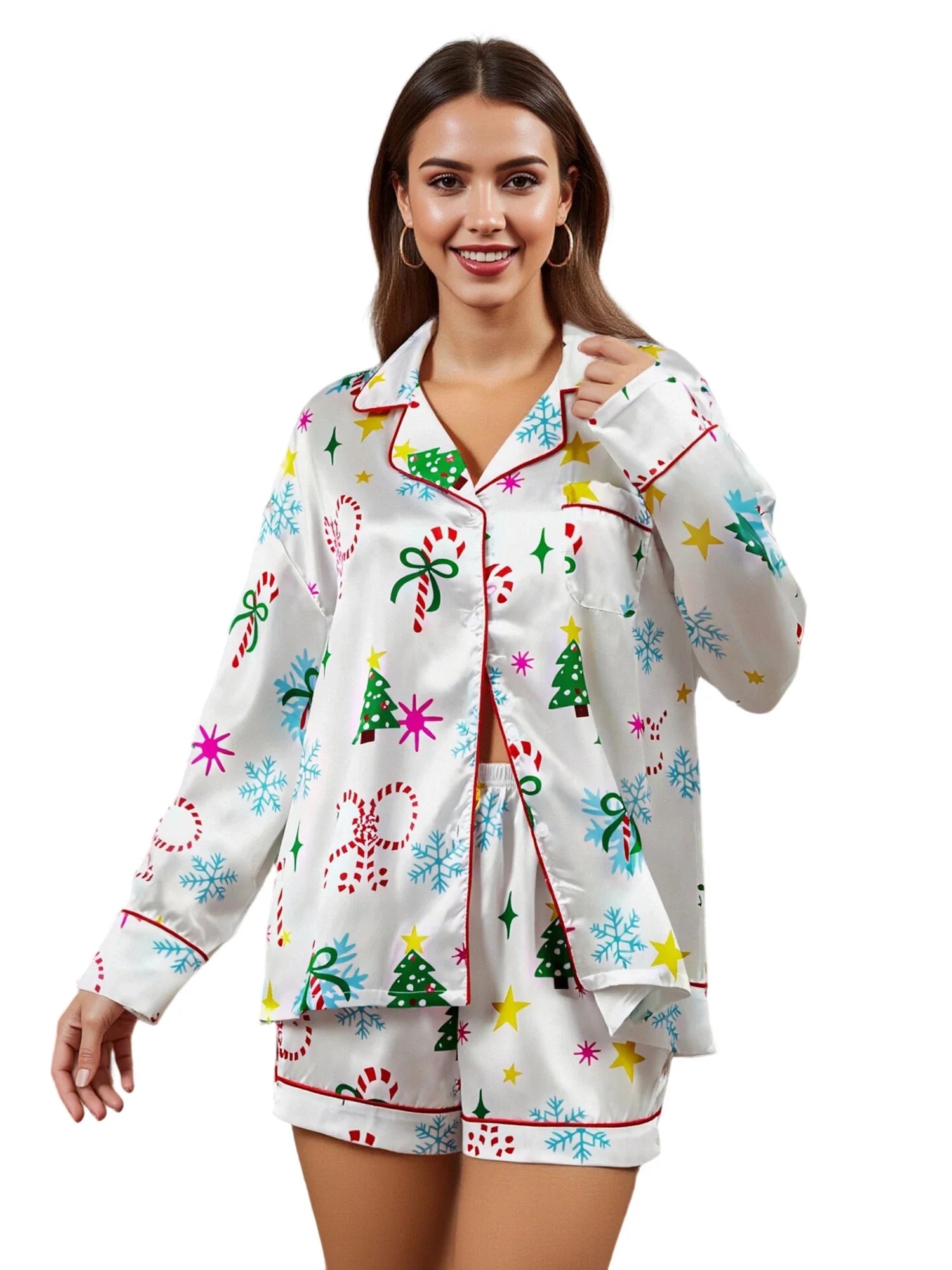 Women's Christmas Satin Pajama Set Long Sleeve Lapel Santa Claus/Christmas Tree Print Shirt Shorts Two Pieces Sleepwear