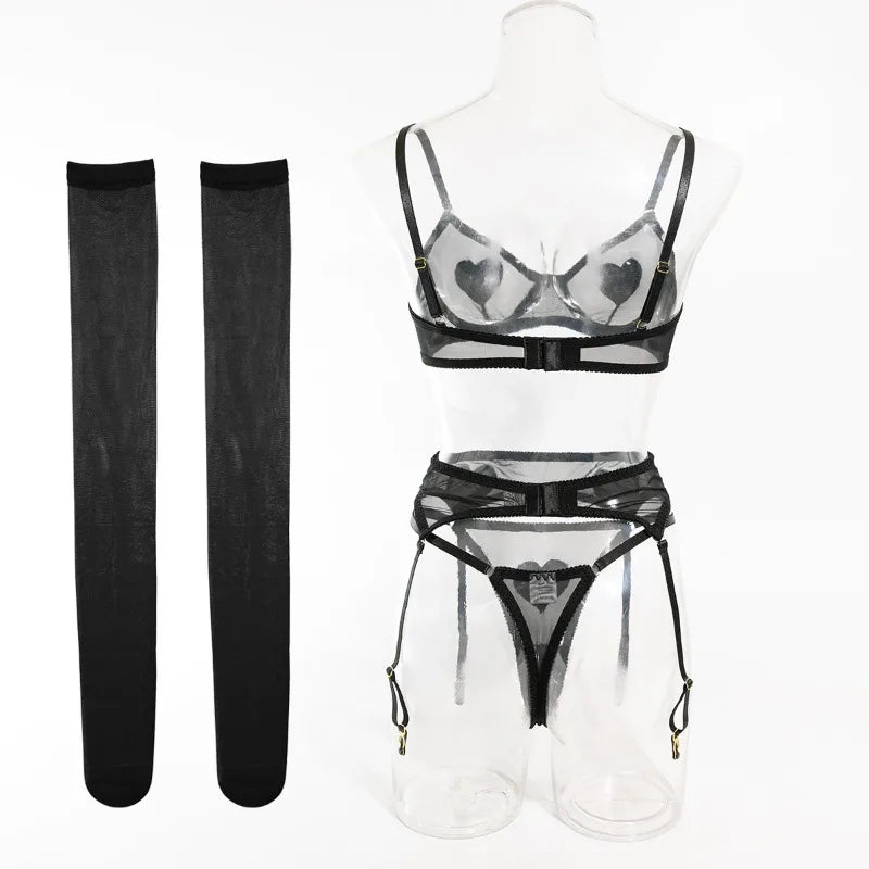 Toucheart Sexy Lingerie Undies Solid Color Mesh See-through Women's Garters Underwear Suit Sexy Stocking Underwear 5-piece Set
