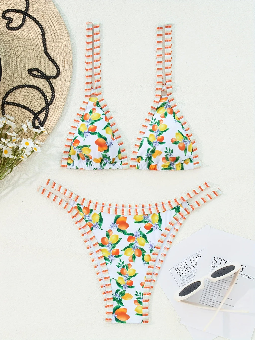 2026 Sexy Orange Print Micro Bikini Women Double Strap Push Up Bra Hollow Out Thong Swimsuit Beach Bathing Suit Holiday Swimwear