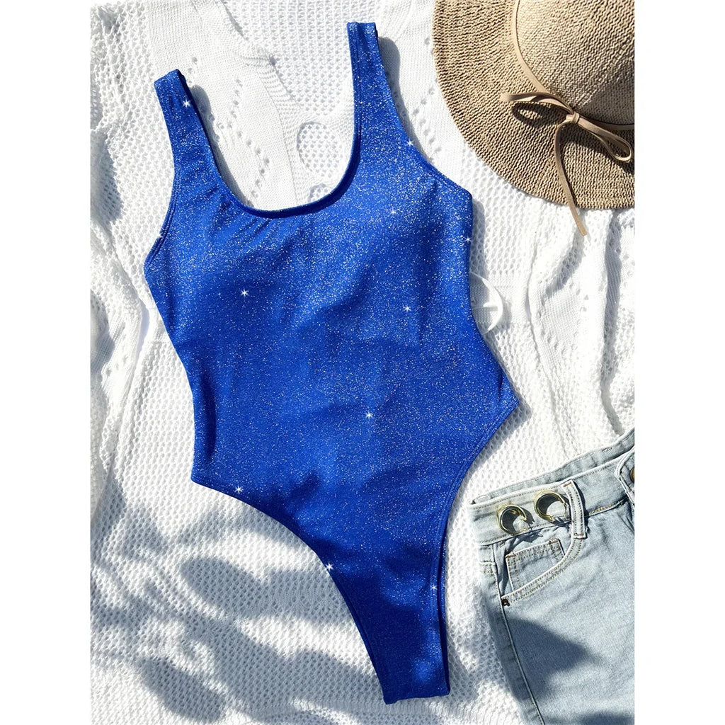 Sexy Glitter Sparkling Lace Up Backless One Piece Swimsuit Women Swimwear Female High Cut Bather Bathing Suit Swim Lady V4333