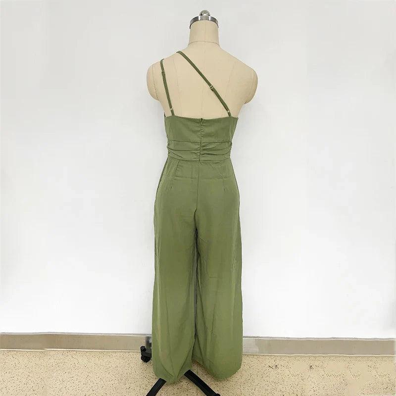 Foridol Waist Folds Backless Double Strap Casual Wide Leg Jumpsuit Long Pants Green 2025 New Female Loose  Jumpsuit