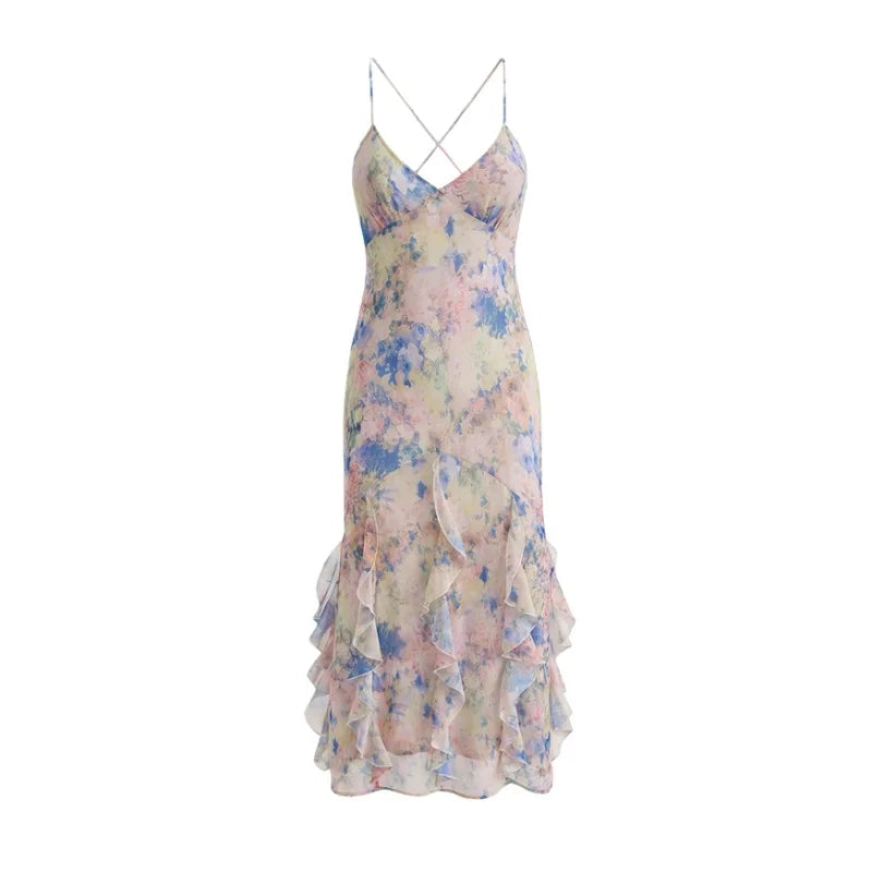Sexy Backless Cross-strap Dress Elegant For Women With Stylish Design Ruffle Trim Slim Fit Fairy-style Beach Dress Charming FD1T