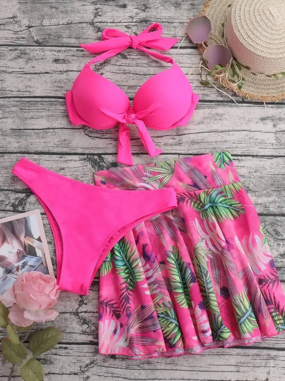 3 Piece Tropical Bikini Halter Push Up Swimsuit & Beach Shirt Swimwear Women 2026 Bathers Bathing Swimming Suit Female Beachwear