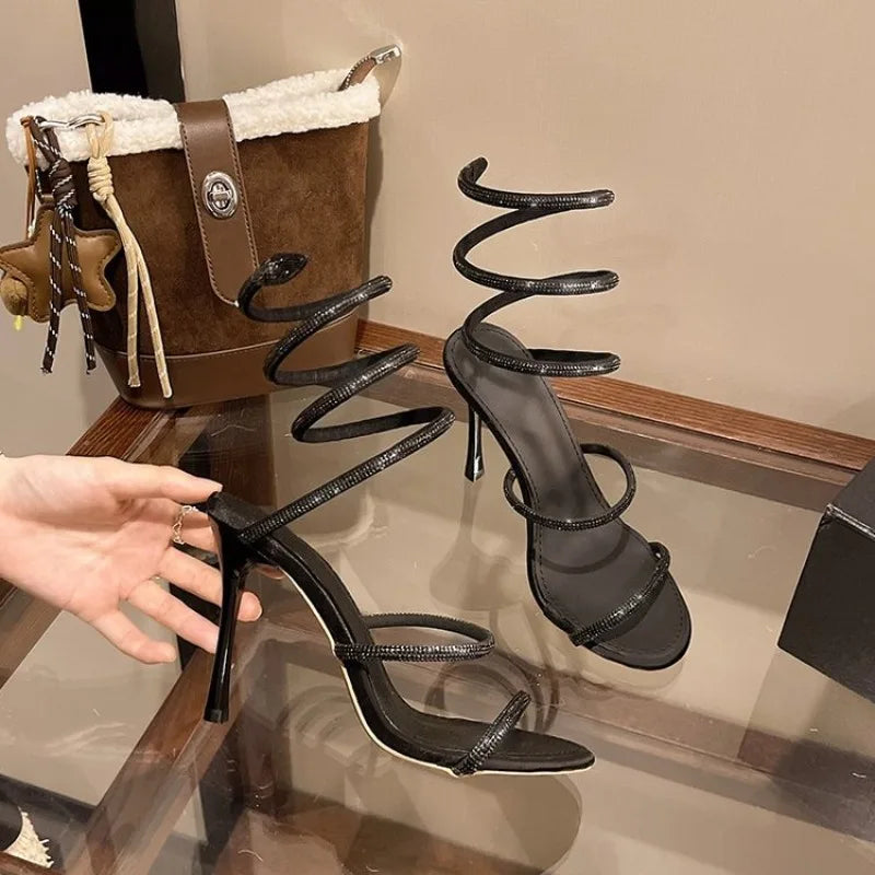 High Heels Sandals Women Shiny Ankle Snake Shaped Winding Party Shoes Sexy Thin Heels Open Toe Sandalias