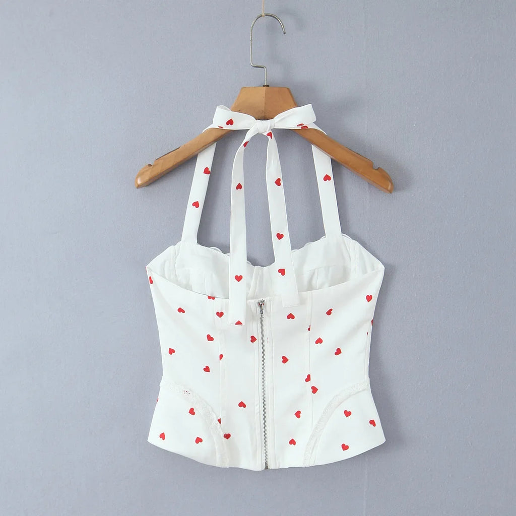 New Elegant Style Sexy Sweet Hot Girl Heart Print Slim Fit Strap Camisole Lace Trimmed Back Zipper Sleeveless Vest Charming GT1L