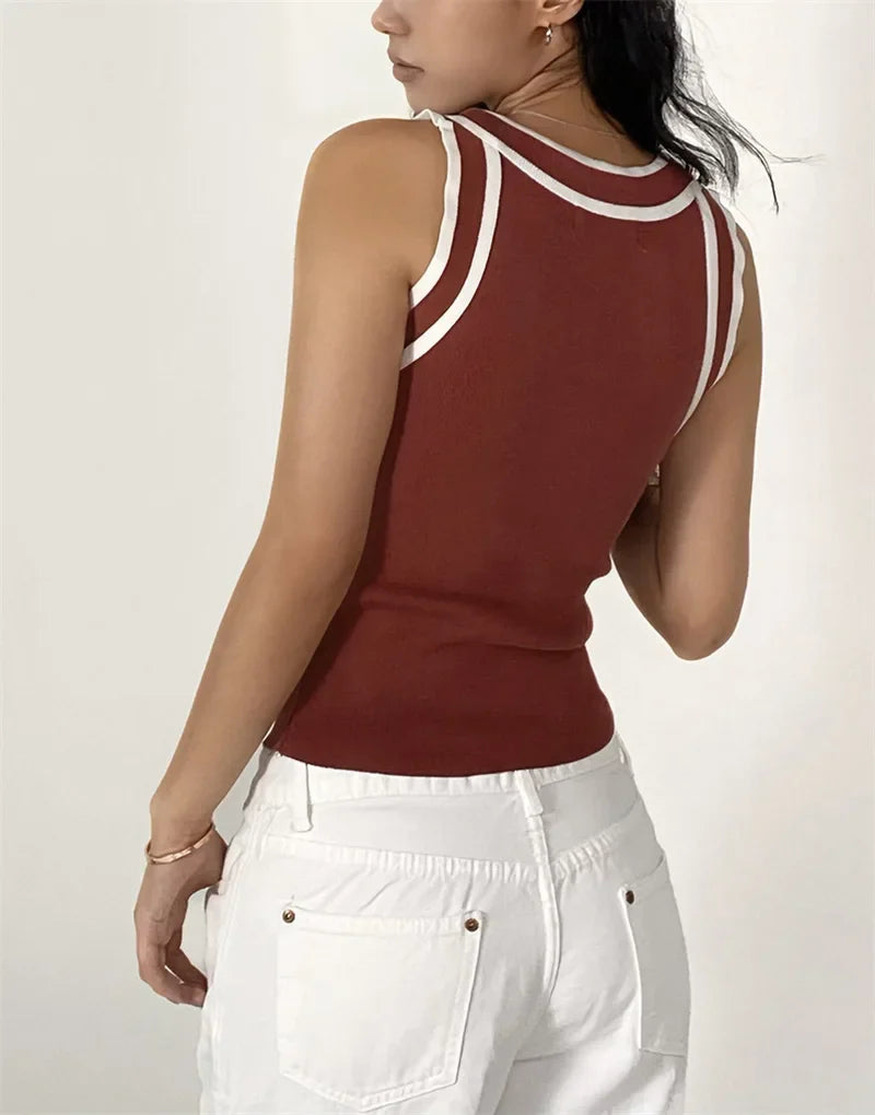 Slim-fit Color-blocked Sleeveless Tank Top For Women Spring Round-neck Slim-fit Hot Girl Knit Short Top Casual Style 77RB