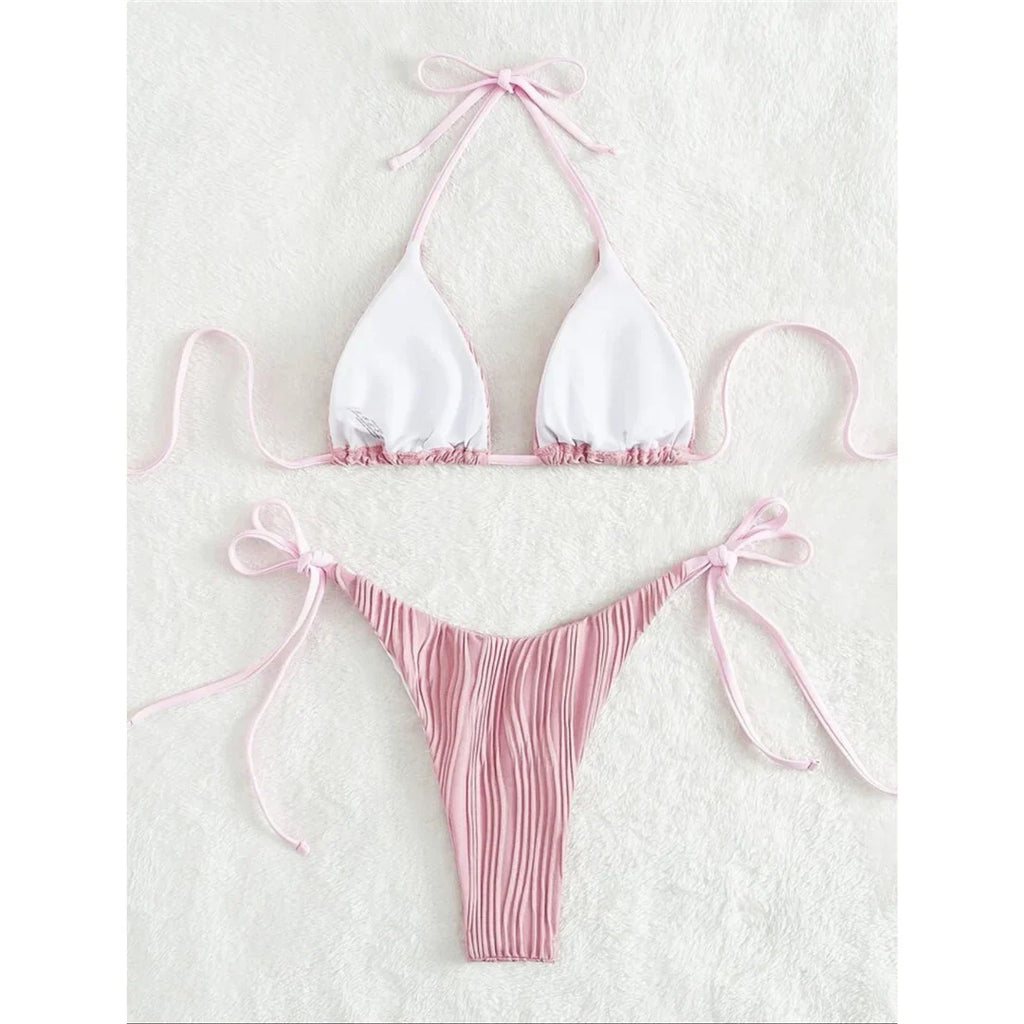 Sexy Wrinkled Halter Brazilian Bikini Female Swimsuit Women Swimwear Two-Pieces Bikini Set Bather Bathing Suit Swim Lady V4101