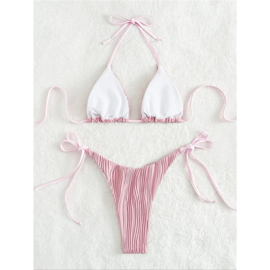 Sexy Wrinkled Halter Brazilian Bikini Female Swimsuit Women Swimwear Two-Pieces Bikini Set Bather Bathing Suit Swim Lady V4101