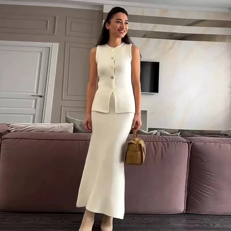 Simple Style Two Piece Set Woman New In Matching Sets Two Piece Outfits Sleeveless Tops Skirts Solid Color Temperament Commuting
