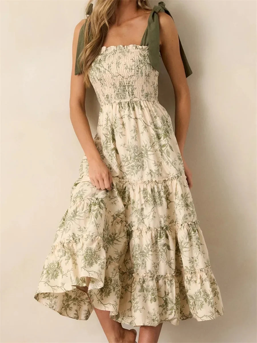 Women's Summer Floral Print Dresses Stylish Ruffled Trim Smocked Sleeveless Tie-Shoulder A-Line Dress