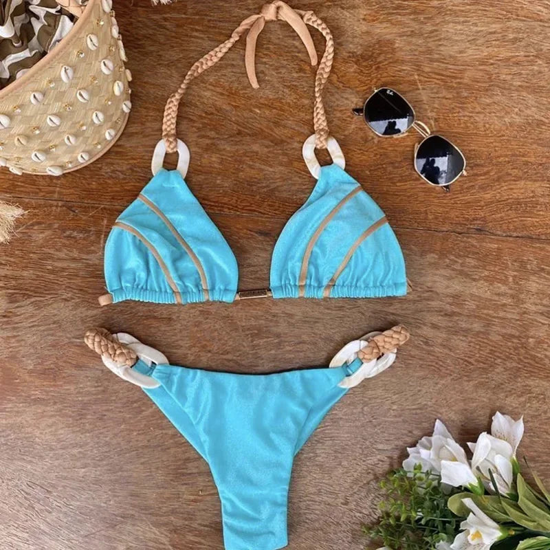 Patchwork Halter High Cut Knitted Bikini Women Swimwear Female Swimsuit Two-pieces Bikini Set Brazilian Bather Bathing Suit Swim