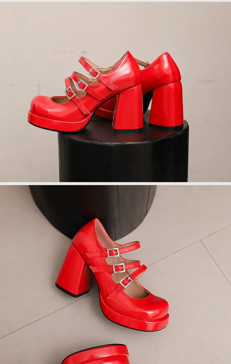 Plus Size Women Red Patent Leather Platform Mary Jane Shoes 3 Rhinestone Buckle Straps Chunky Block  Y2K Lolita Party Pumps