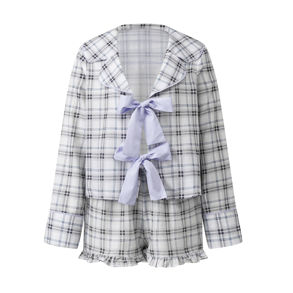 Women’s Cute Lounge Clothes Long Sleeve Bow Front Plaid Print Shirt + Shorts Set Summer Fall 2 Piece Pajamas Set