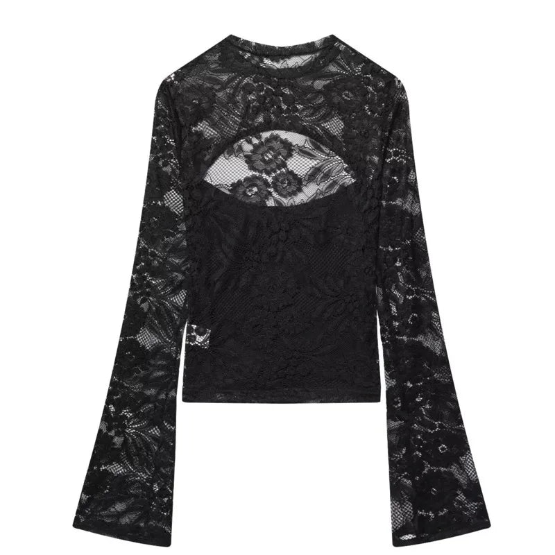 Women's Fashion Casual Lace Patchwork Hollow Bell Sleeve Blouse Women Pack Lace Sleeve Tops Black White Sheer Mesh Casual DOS5