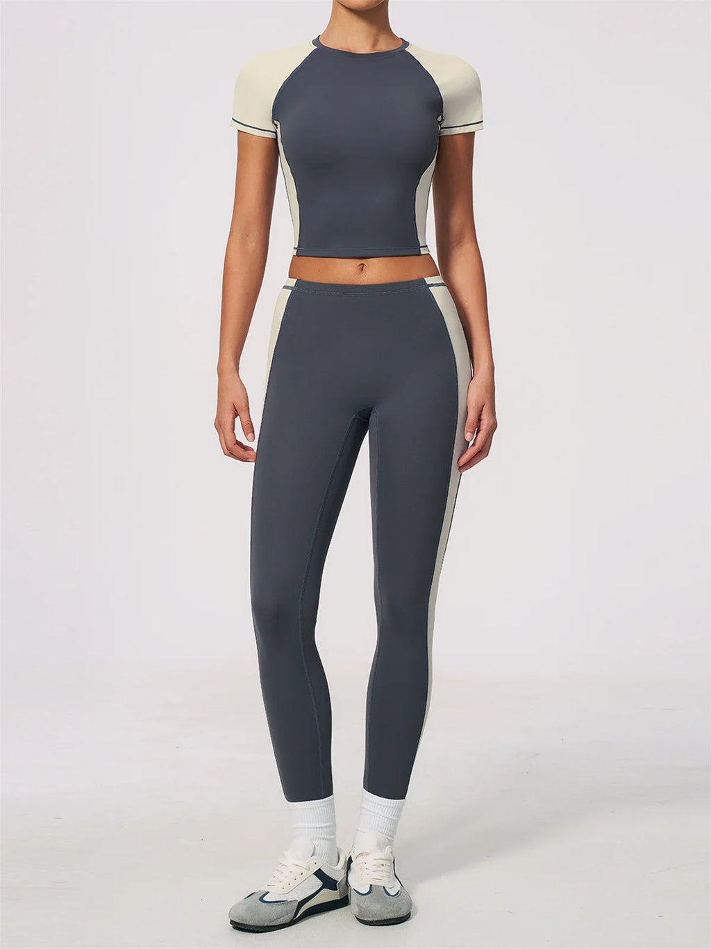 Nake Yoga Set Women's Tracksuit Color Contrast Short Sleeve Slim Sports T Shirts High Waist Leggings Fitness Clothes Gym Outfits