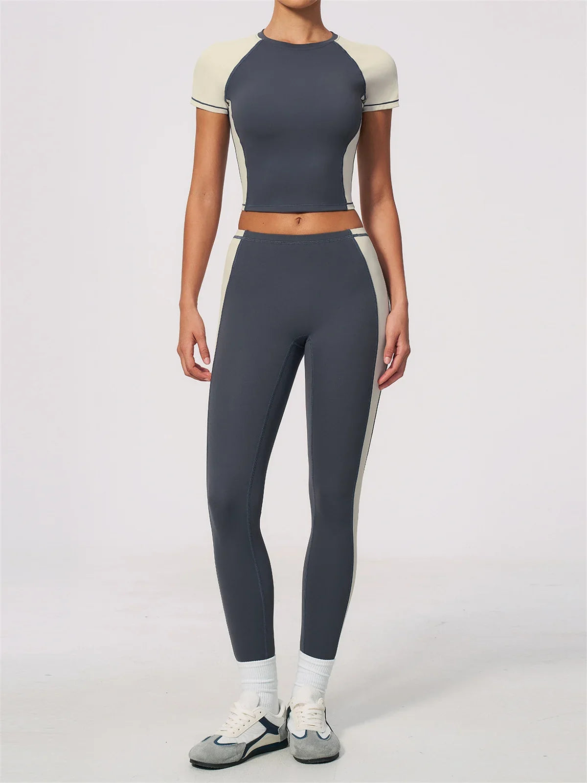 Nake Yoga Set Women's Tracksuit Color Contrast Short Sleeve Slim Sports T Shirts High Waist Leggings Fitness Clothes Gym Outfits